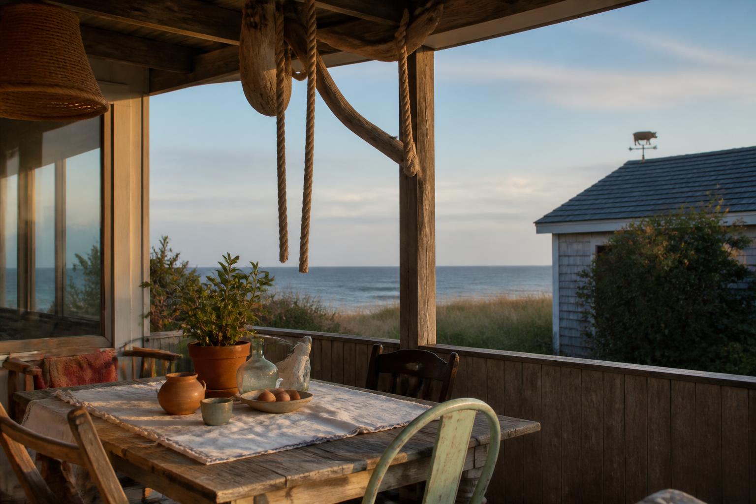 A shaded coastal porch with a worn wooden table, rope, and the ocean beyond