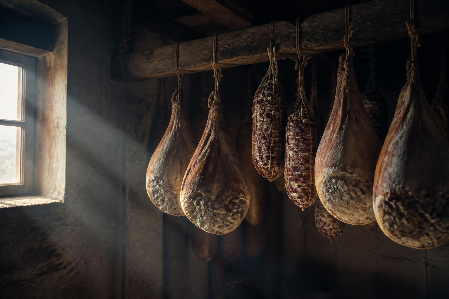 Whole cured hams and coppa hanging from a wooden beam in a dim curing room