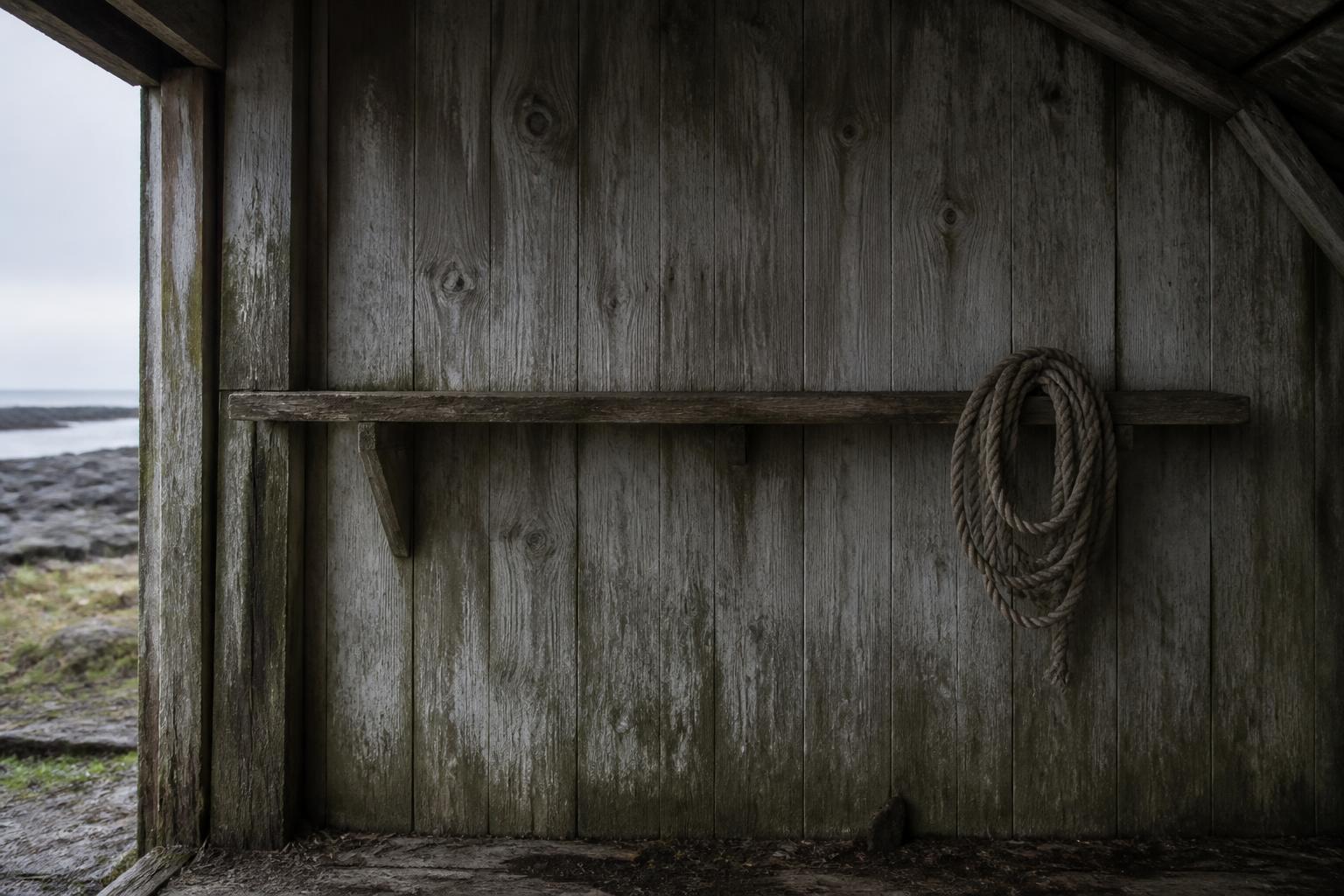 An empty weathered ham house wall with a bare shelf and a coil of rope
